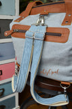 Hand Made Backpack Straps, "Denim" on Cream Back, 1 inch wide, purse strap