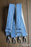 Hand Made Backpack Straps, "Denim" on Cream Back, 1 inch wide, purse strap