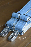 Hand Made Backpack Straps, "Denim" on Cream Back, 1 inch wide, purse strap