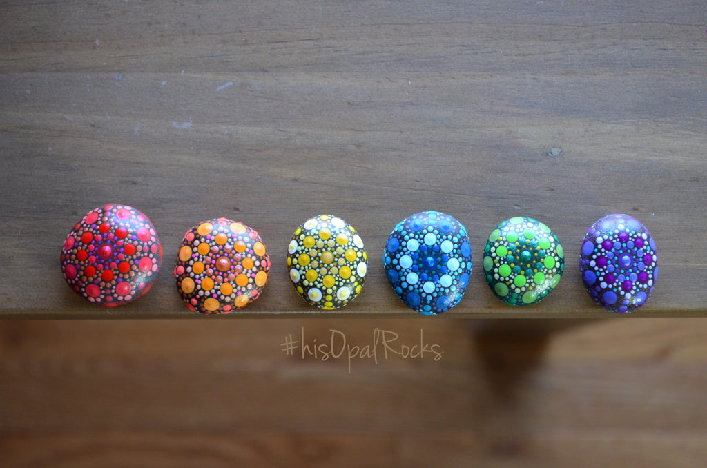 Set of Six Magnets, Hand Painted Mandala Stones, Rainbow Magnets, Chakra Stones