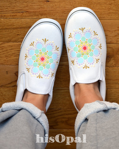 Pastel Rainbow Mandala Canvas Shoes, Painted Shoes, Slip On Shoes, Hand Painted Sneakers Size 9
