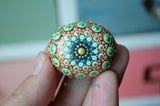 Small Mandala Stone, Painted Rock, Teal and Coral, Hand Painted Stone, Boho Decor