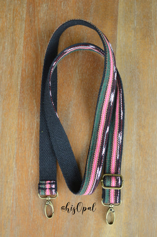Hand Made Purse Strap, Skinny Strap, 1 Inch Wide "Fauxvana© Pink Placement" Black Back, Extra Long Adjustable Strap, 26 to 46 inches
