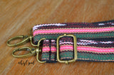 Hand Made Purse Strap, Skinny Strap, 1 Inch Wide "Fauxvana© Pink Placement" Black Back, Extra Long Adjustable Strap, 26 to 46 inches