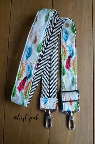 Hand Made Adjustable Purse Strap, Feathers, Chevron Back, 25 to 43 inches