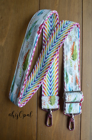 Hand Made Adjustable Purse Strap, Feathers, Rainbow Chevron Back, 24 to 41 inches