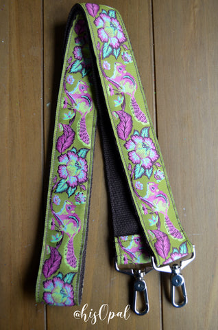 Hand Made Extra Long Purse Strap, Green "Chippy" Brown Back, Cross Body Strap, 45.5 inches
