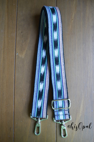 Hand Made Purse Strap, "Blue Lagoon" Black Back, Adjustable Strap, approx. 26.5 to 46 inches