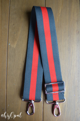 Hand Made Purse Strap, 2 inch wide, Grey with Red Stripe, Adjustable Cross Body Strap, 26 to 44 inches
