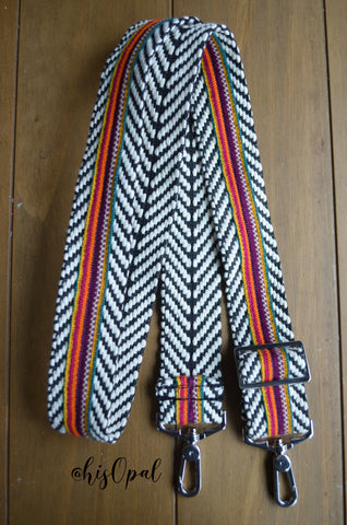 Hand Made Purse Strap, "Sedona" Black and White Chevron Back, Adjustable Strap, 28 to 48 inches