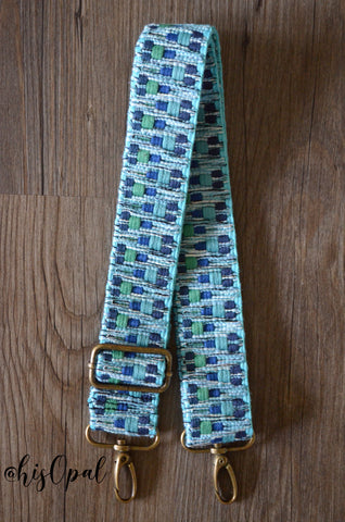 Hand Made Purse Strap, "Japanese Aqua" Adjustable Strap, woven cotton strap, approx 25 to 43 inches