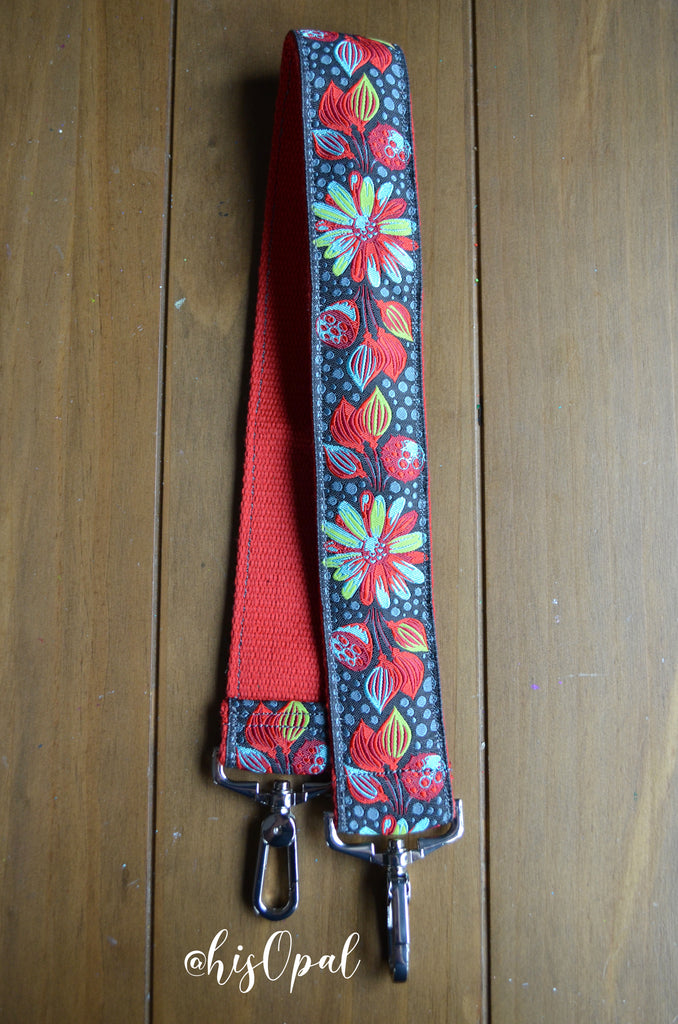 Hand Made Purse Strap, "Midnight Sprout" Red Back, Over the Shoulder Strap, 25 inches