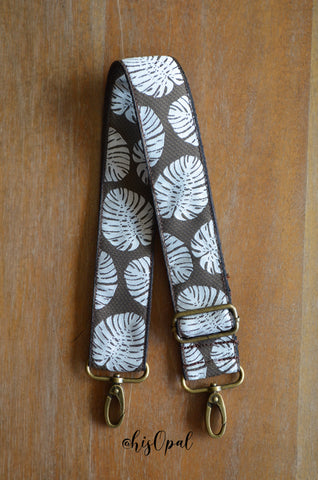 Hand Made Adjustable SHORTY Purse Strap, Monstera Leaf, Brown Back, 21 to 36 inches