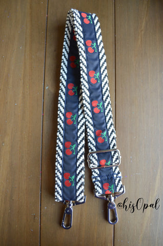 Hand Made Purse Strap, "Navy Cherries" Chevron Back, Adjustable Strap, 25.5 to 44 inches