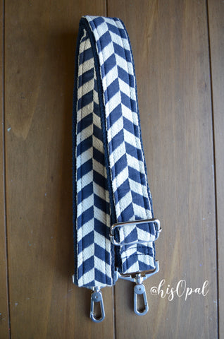 Hand Made Purse Strap, Navy and White Chevron, Navy Back, Adjustable Cross Body Strap, 25.5 to 43.5 inches