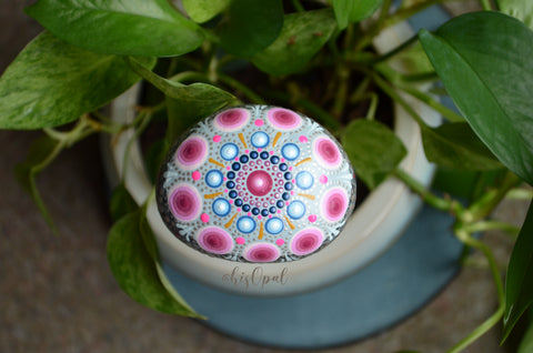 Blue Pink Mandala Stone, Hand Painted Rock, hisOpal Rocks