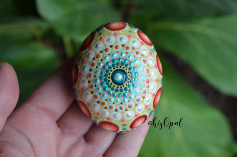 Red, Yellow, Teal Mandala Stone, Hand Painted Rock, Gift, hisOpal Rocks