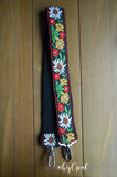 Hand Made Purse Strap, Primary Edelweiss Floral Black Back, Over the Shoulder Strap 28 inches