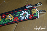 Hand Made Purse Strap, Primary Edelweiss Floral Black Back, Over the Shoulder Strap 28 inches