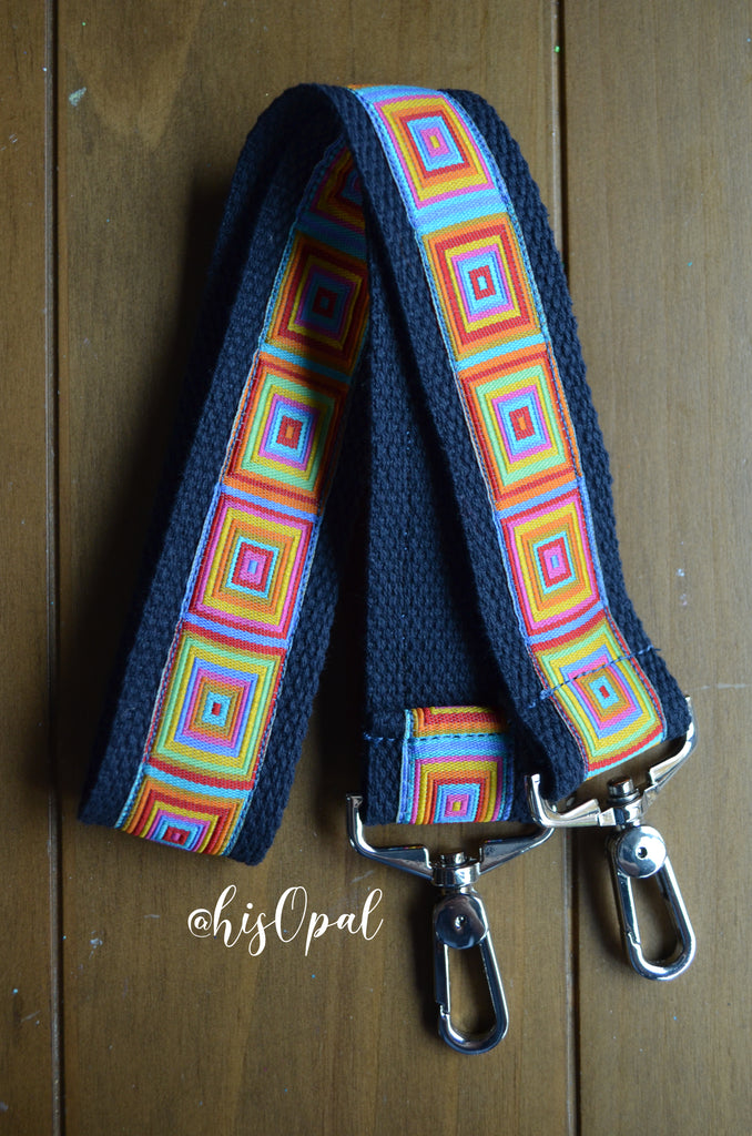Hand Made Purse Strap, Rainbow Squares, Navy Back, Over the Shoulder Strap, 29 inches