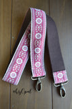 Hand Made Purse Strap, Red and Cream, Brown Back, Over the Shoulder Strap, 35 inches