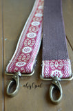 Hand Made Purse Strap, Red and Cream, Brown Back, Over the Shoulder Strap, 35 inches