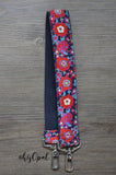Hand Made Purse Strap, "Red Grand Bouquet" Navy Back, Over the Shoulder Strap, 23 inches