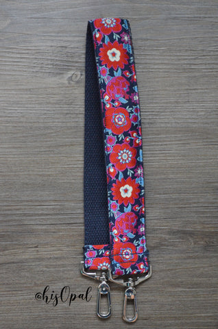 Hand Made Purse Strap, "Red Grand Bouquet" Navy Back, Over the Shoulder Strap, 23 inches