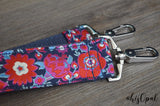 Hand Made Purse Strap, "Red Grand Bouquet" Navy Back, Over the Shoulder Strap, 23 inches