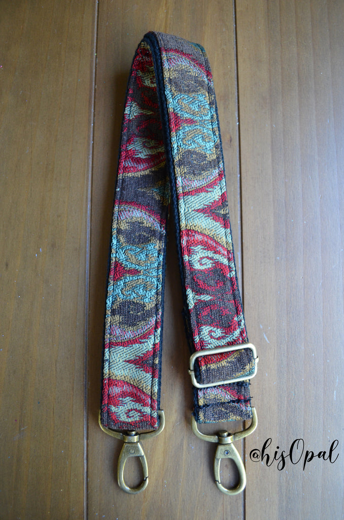 Hand Made Adjustable Purse Strap, Red and Teal Jacquard, Black Back, 26 to 44 inches