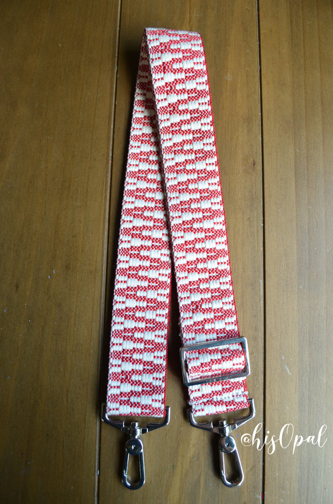 Hand Made Purse Strap, Red and White Zig Zag, Adjustable Cross Body Strap, 25 to 43 inches
