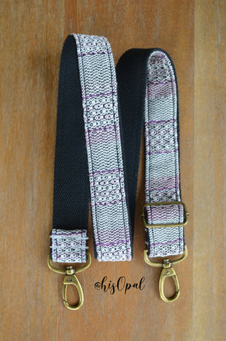 Hand Made Purse Strap, "Renaissance Purple Sparkle" Black Back, Adjustable Strap, approx. 25 to 42.5 inches