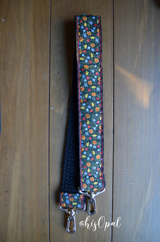 Hand Made Purse Strap, Tiny Floral Print, Black Back, Over the Shoulder Strap, 28 inches