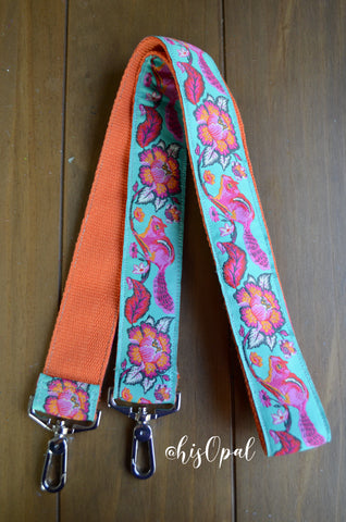 Hand Made Purse Strap, Turquoise "Chippy" Orange Back, Cross Body Strap, 45 inches