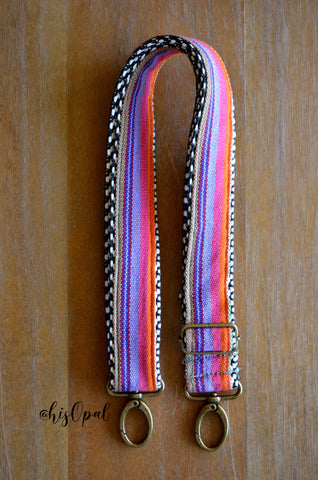 Hand Made Purse Strap, "Tutti Frutti" Periwinkle Orange Pink Chevron Back, Adjustable Strap, approx. 27.5 to 47 inches