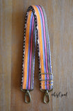 Hand Made Purse Strap, "Tutti Frutti" Periwinkle Orange Pink Khaki Chevron Back, Adjustable Strap, approx. 27 to 46 inches