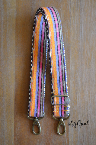 Hand Made Purse Strap, "Tutti Frutti" Periwinkle Orange Pink Khaki Chevron Back, Adjustable Strap, approx. 27 to 46 inches