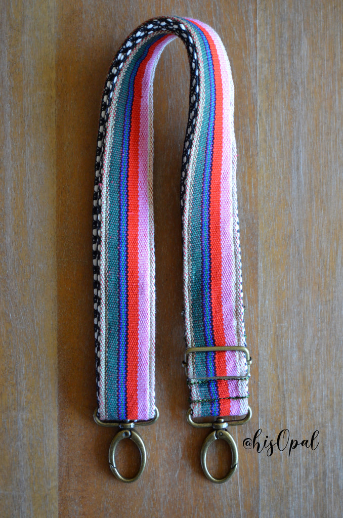 Hand Made Purse Strap, "Tutti Frutti" Pink Red Green Chevron Back, Adjustable Strap, approx. 27 to 46.5 inches