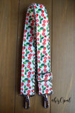 Hand Made Purse Strap, "Cherries on White" Chevron Back, Adjustable Strap, 26 to 44.5 inches