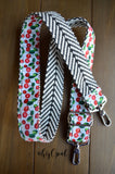 Hand Made Purse Strap, "Cherries on White" Chevron Back, Adjustable Strap, 26 to 44.5 inches