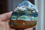 Painted Rock Beach, Hand Painted Rock, Beach Decor, Palm Trees and Seagulls, Nautical Decor