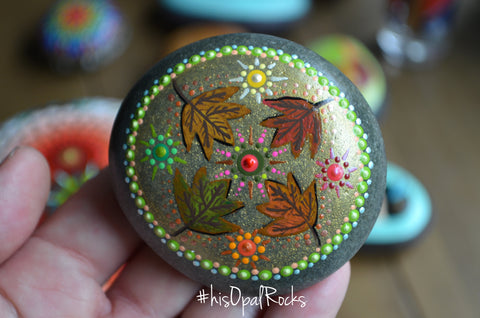 Autumn Mandala Stone, Hand Painted Rock, Fall Leaves Decor, Autumn Decor, Fall Colors Mandala