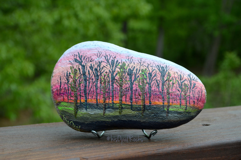 Painted Rock Trees, Backyard Sunrise, Painted Stone, Hand Painted Art, Decorative Rock