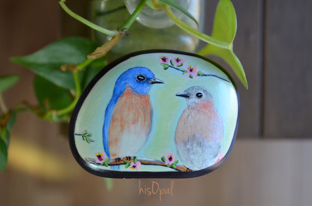 Bird Painted Rock, Hand Painted Stone, Bird Watching, Bird Art, Eastern Bluebird couple