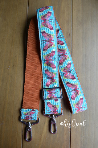 LAST ONE! Hand Made Adjustable Purse Strap, Blue Butterflies, Rust Back, approx. 26 to 44 inches