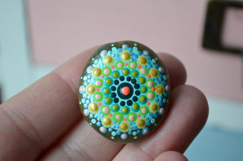 Painted Rock Magnet, Mini Mandala Magnet, Refrigerator Magnet, Blue Green