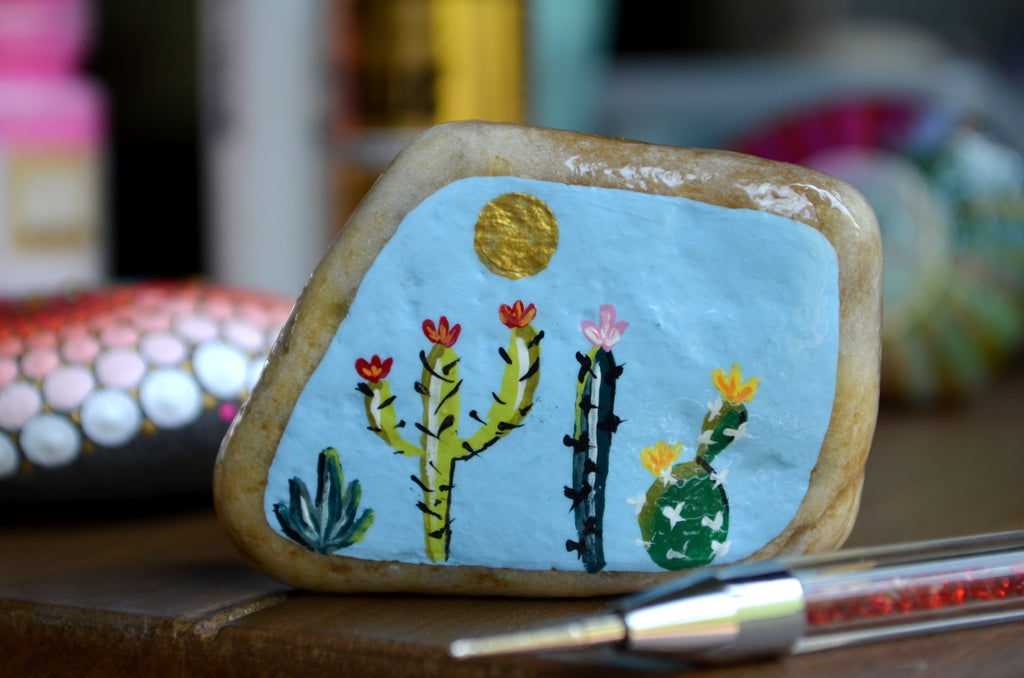 Painted Rock Desert, Cactus Decor, Cactus Rock, Cactus Garden Art, Hand Painted Rock, Southwestern