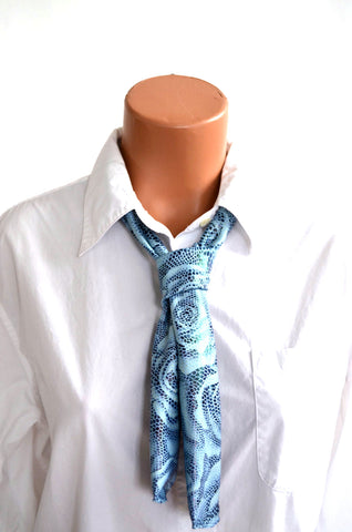 Southwestern Scarf Metallic Blue Rose and Snakeskin Print Women's Neck Tie Lightweight Neck Bow