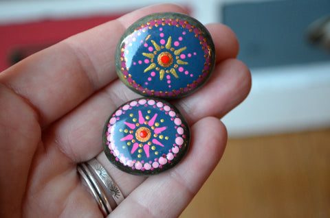 Cute Fridge Magnets, Hand Painted Rock, Blue Mandala Magnets, 2 Refrigerator Magnets, Kitchen Decor
