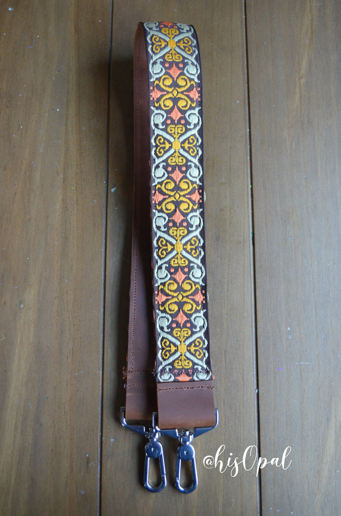 Hand Made Purse Strap, Boho Print, Full Grain Leather, Over the Shoulder Strap, 27.5 inches